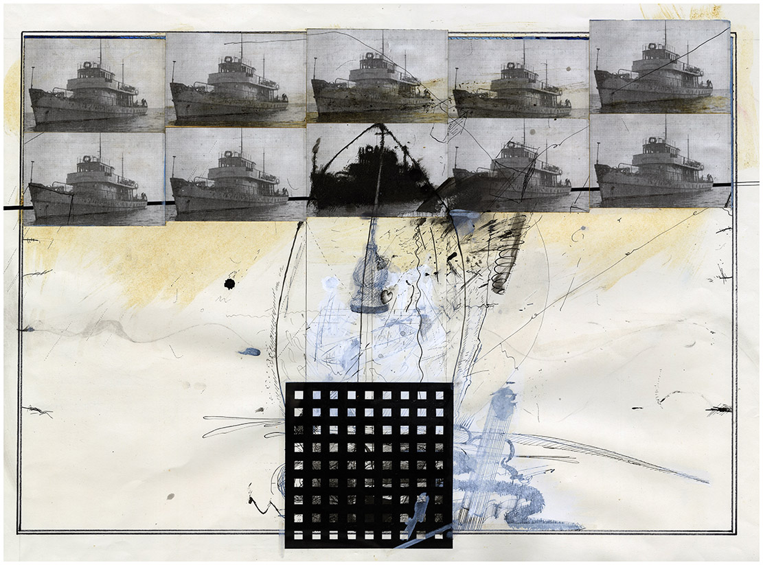 2 titles:
“Marine Symphony No.1”
or “Sea Shanty” , viewer decides . ink, collage, process white, cow gum 1976