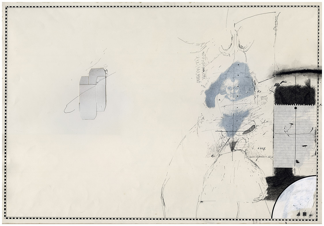 'Broad Thoughts froma Home' II ink, collage, process white 600x400mm .1983