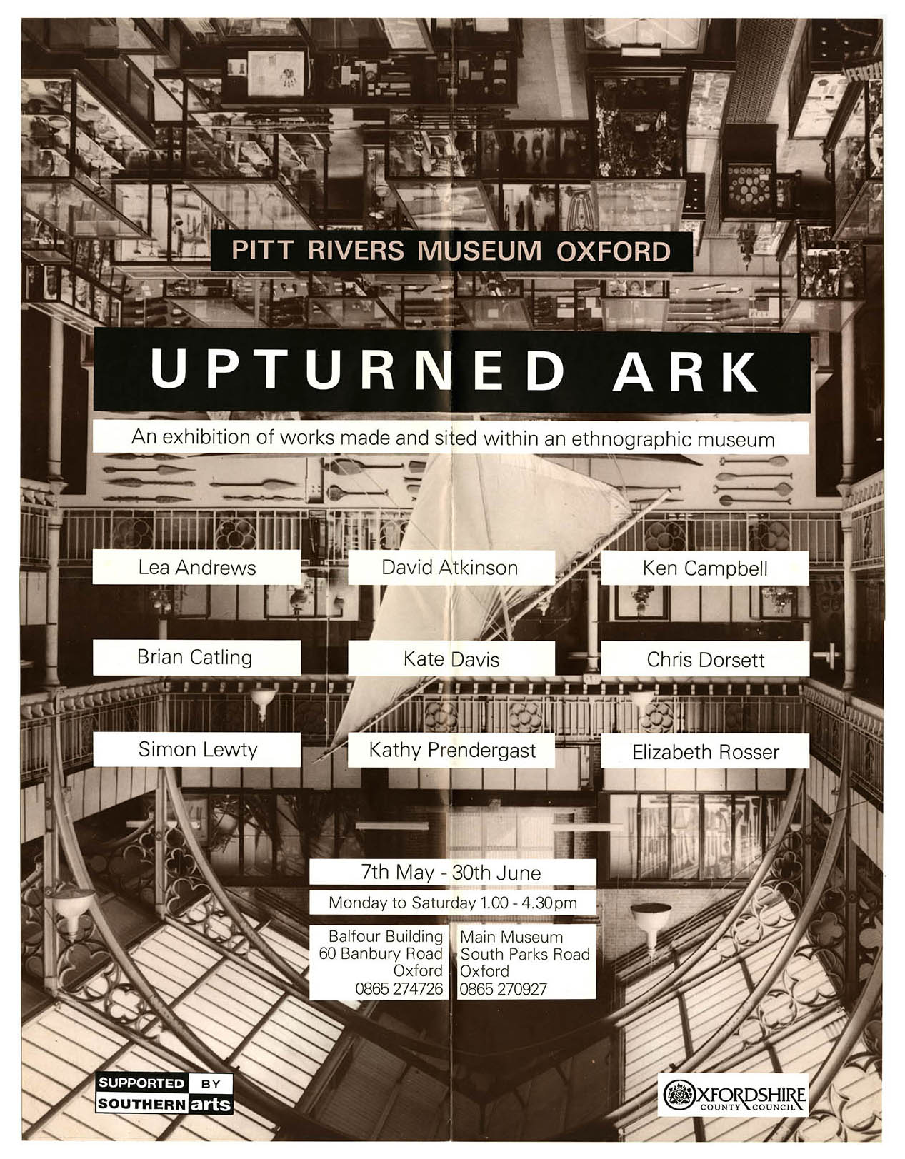 Exhibition poster 'Upturned Ark' image is an upside-down shot of the Pitt Rivers Museum the gothic structure forming the hull of the Ark...