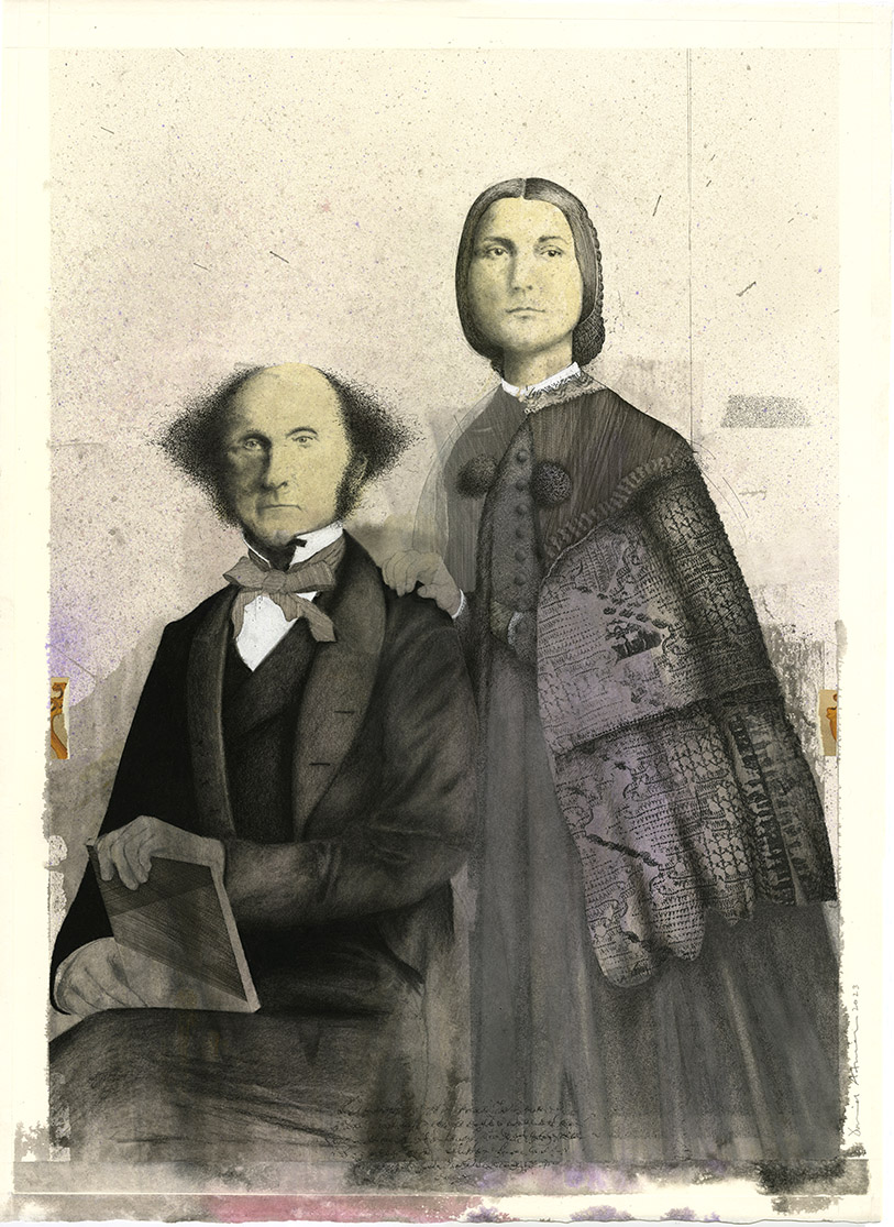 'John Stuart Mill and Helen Taylor' 570x780mm pen and ink, Conté crayon, Zebrite Polish, Watercolour, Offset Printing, Pencil, Process White.