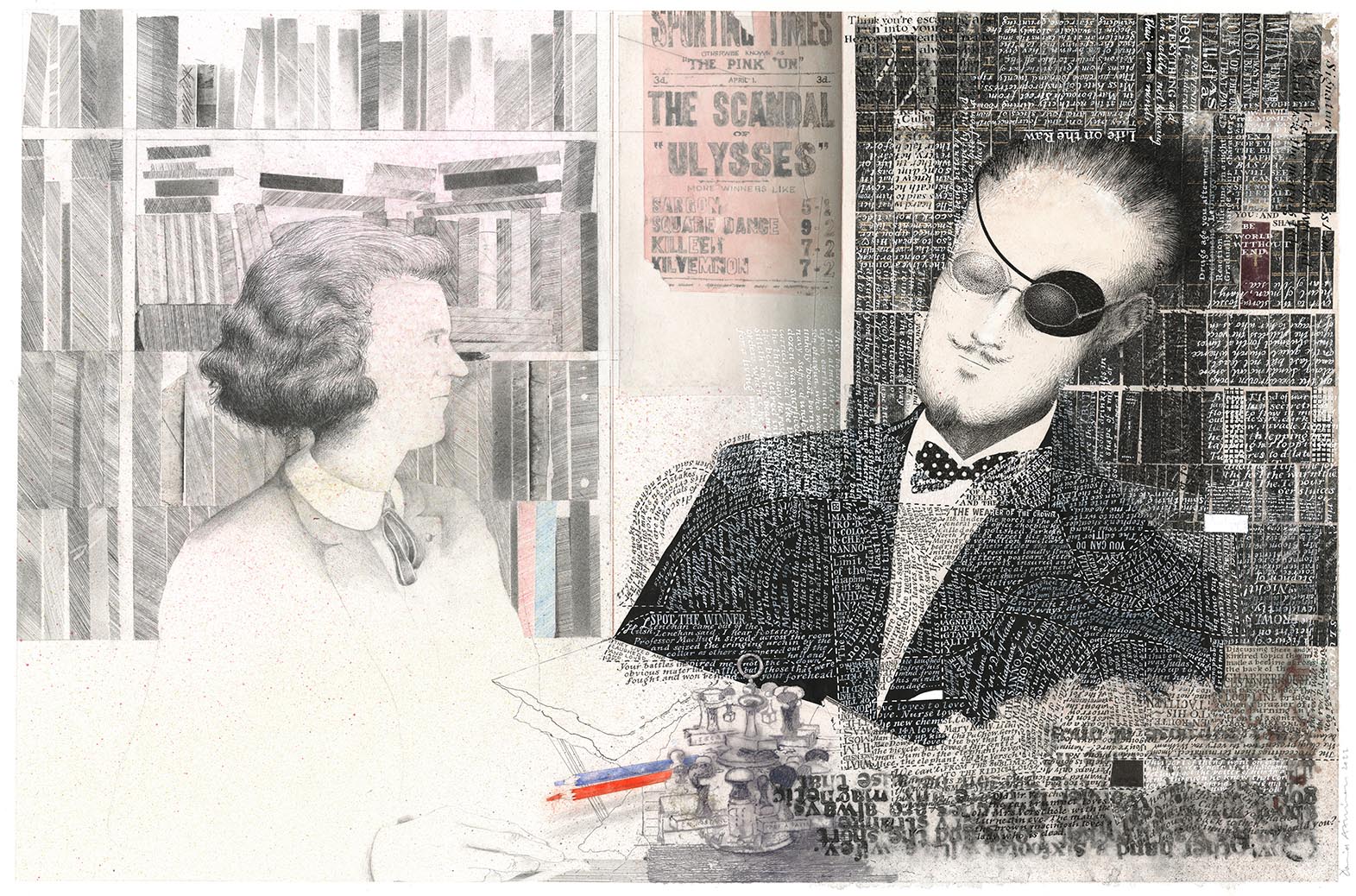 'Sylvia Beach with James Joyce : The publication of 'Ulysses' 1922 . 670x440mm ink, pencil, print, acrylic