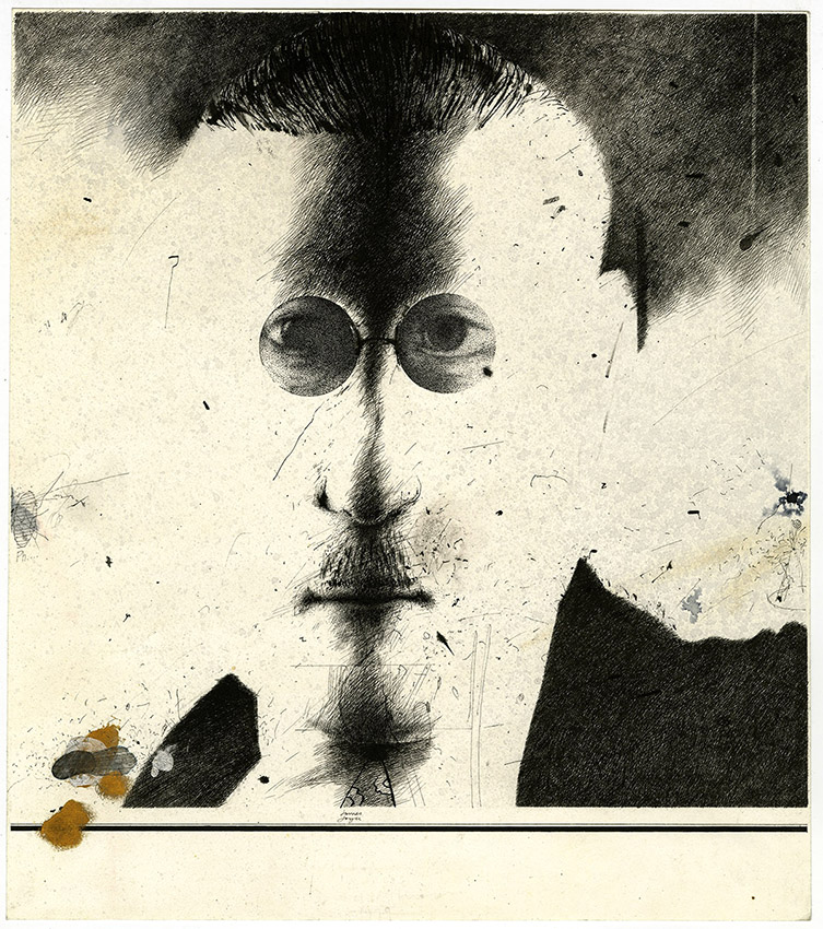 'James Joyce' 1934 portrait by Boris Lipnitzki pen, enamel paint, waterlcolour 300x325 mm 